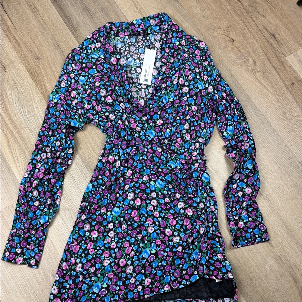 Zara NWT‎ Black Floral Wrap Mini Dress Small Long Sleeve Ruched V-Neck Party